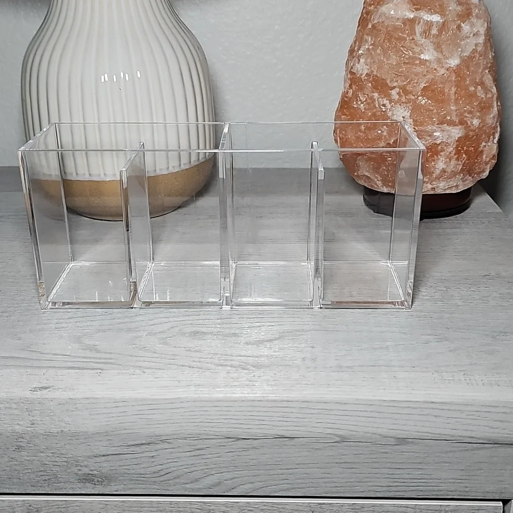 Clear Acrylic Organizer 4 Compartments Makeup Brushes Office Supplies 8.5 x 3.75